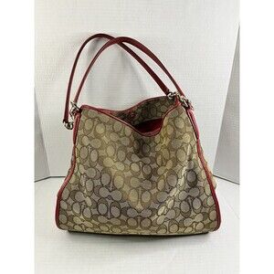 Coach Phoebe Signature Outline Shoulder Bag/Purse Khaki/Red